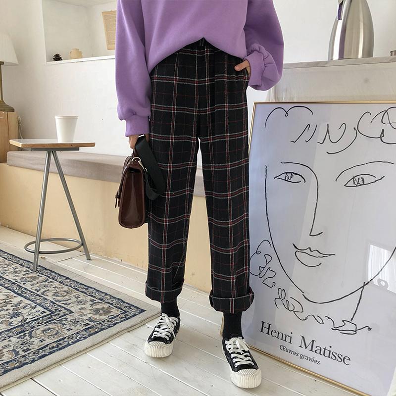 Straight Plaid Cotton Trousers