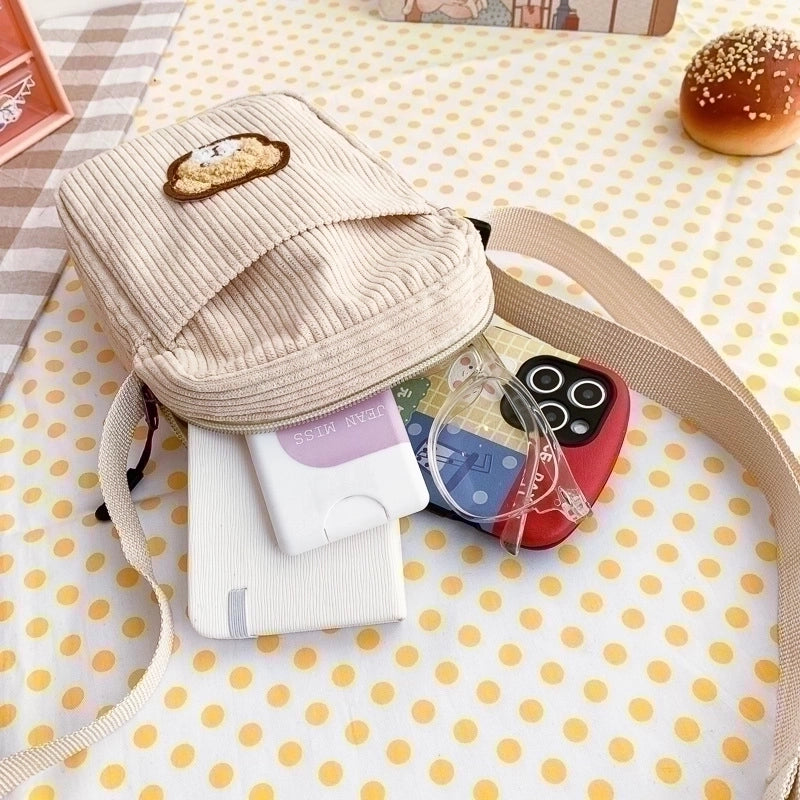 Women's Small Corduroy Bear Cute Streetwear Square Zipper Crossbody Bag