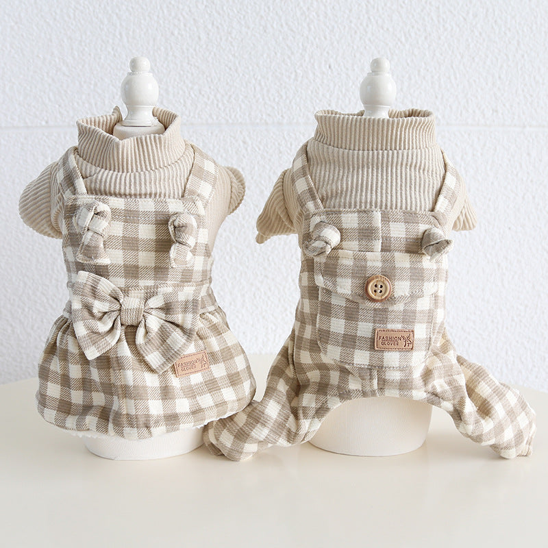 Plaid Buttoned Fleece Dog Cat Dress/Jumpsuits