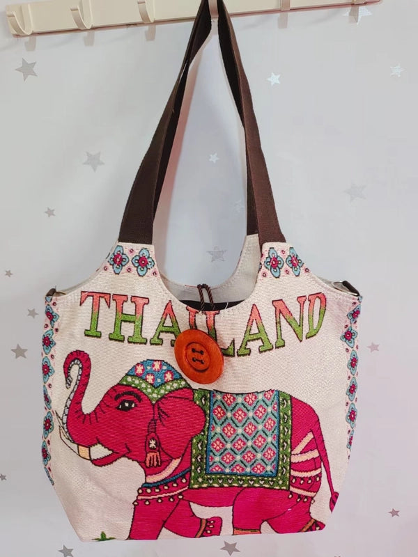 Women's Large Canvas Elephant Ethnic Style Square Zipper Shoulder Bag