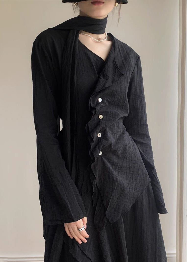 Casual Black V Neck Shirt And A Line Skirts Two Piece Set Spring