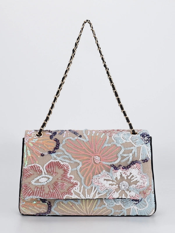 10 Pieces Women's Large Hemp Material Flower Elegant Sequins Square Flip Cover Crossbody Bag