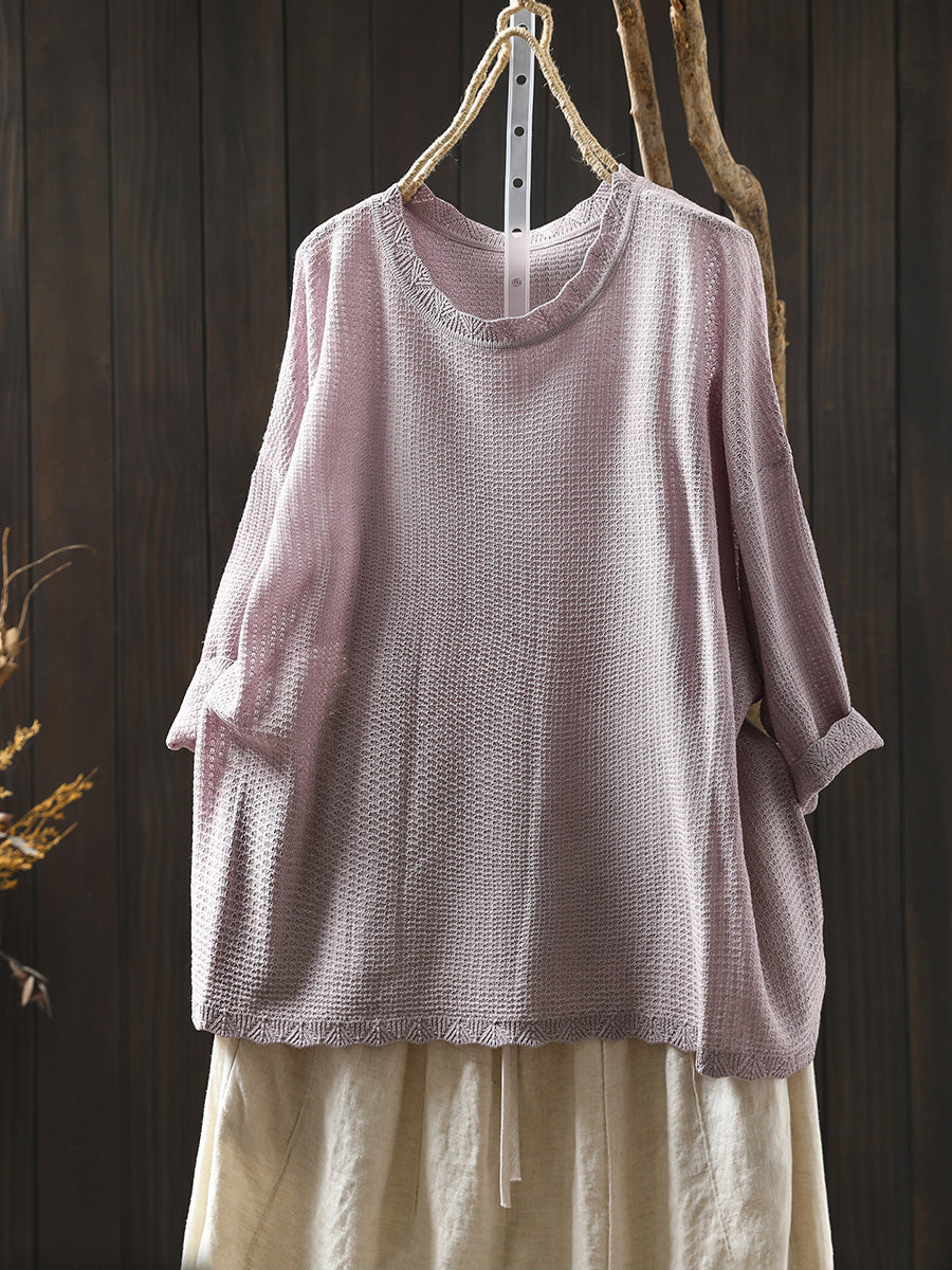 Women Summer Artsy Pure Color Knitted O-Neck Shirt