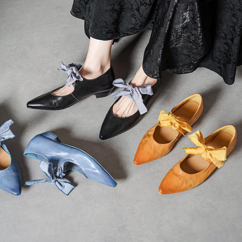 Horse Leather Retro Pointed Toe Ballet Flats Mary Jane Shoes with Bow-Tie Design Black/Blue/Yellow
