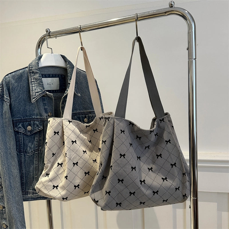 Women's Medium Canvas Bow Knot Classic Style Streetwear Square Zipper Shoulder Bag Tote Bag