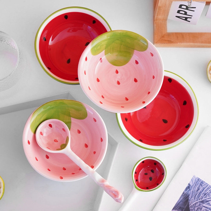 Strawberry Watermelon Cute Ceramic Bowl Long Handle Spoon Tableware Children's Cartoon Rice Bowl Soup Bowl Internet Celebrity Tableware
