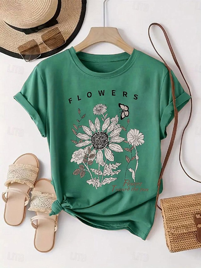 Women's T shirt Tee 100% Cotton Print Daily Weekend Fashion Basic Short Sleeve Crew Neck Pink Summer