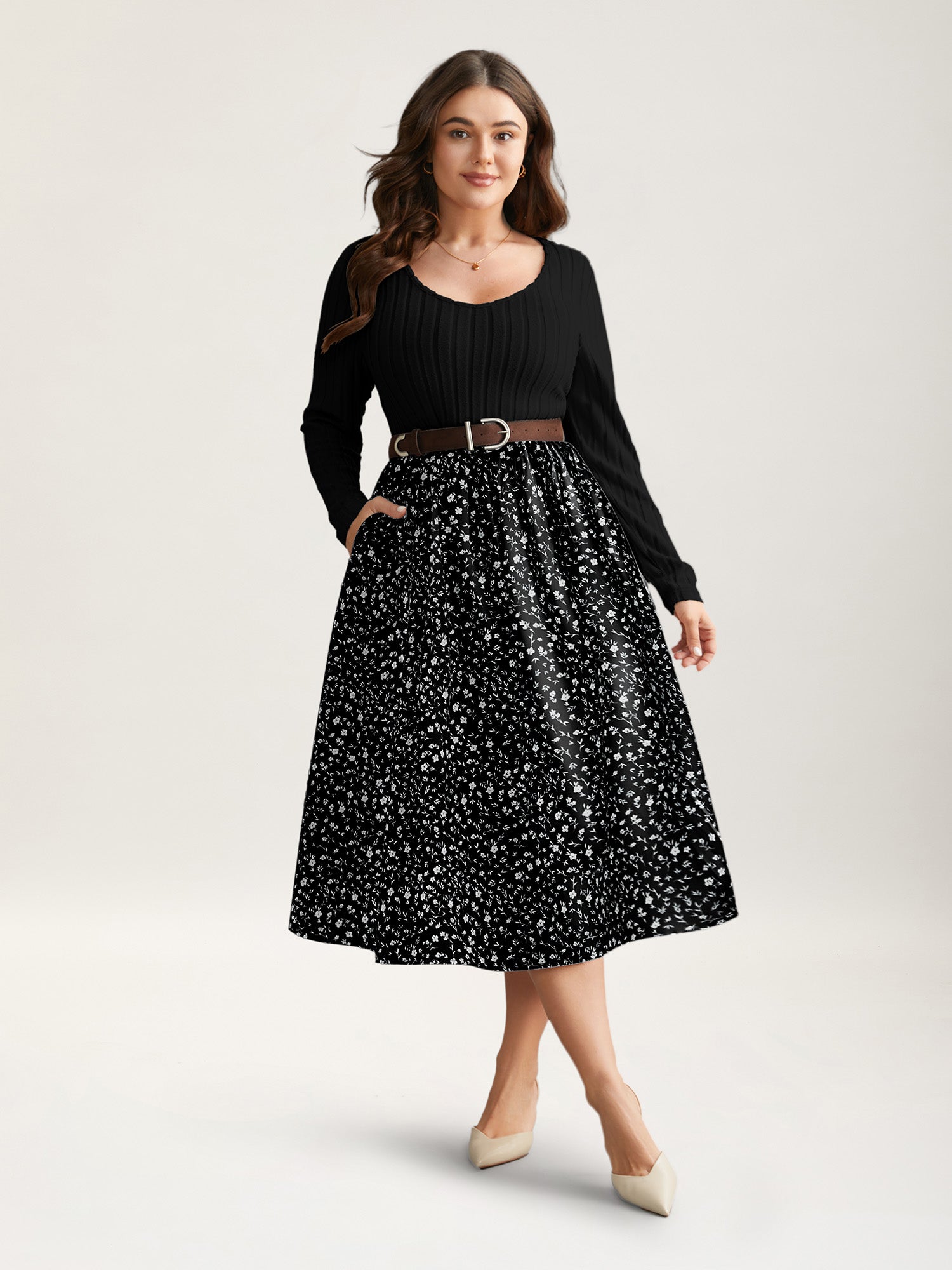 Ditsy Floral Patchwork Texture Midi Dress