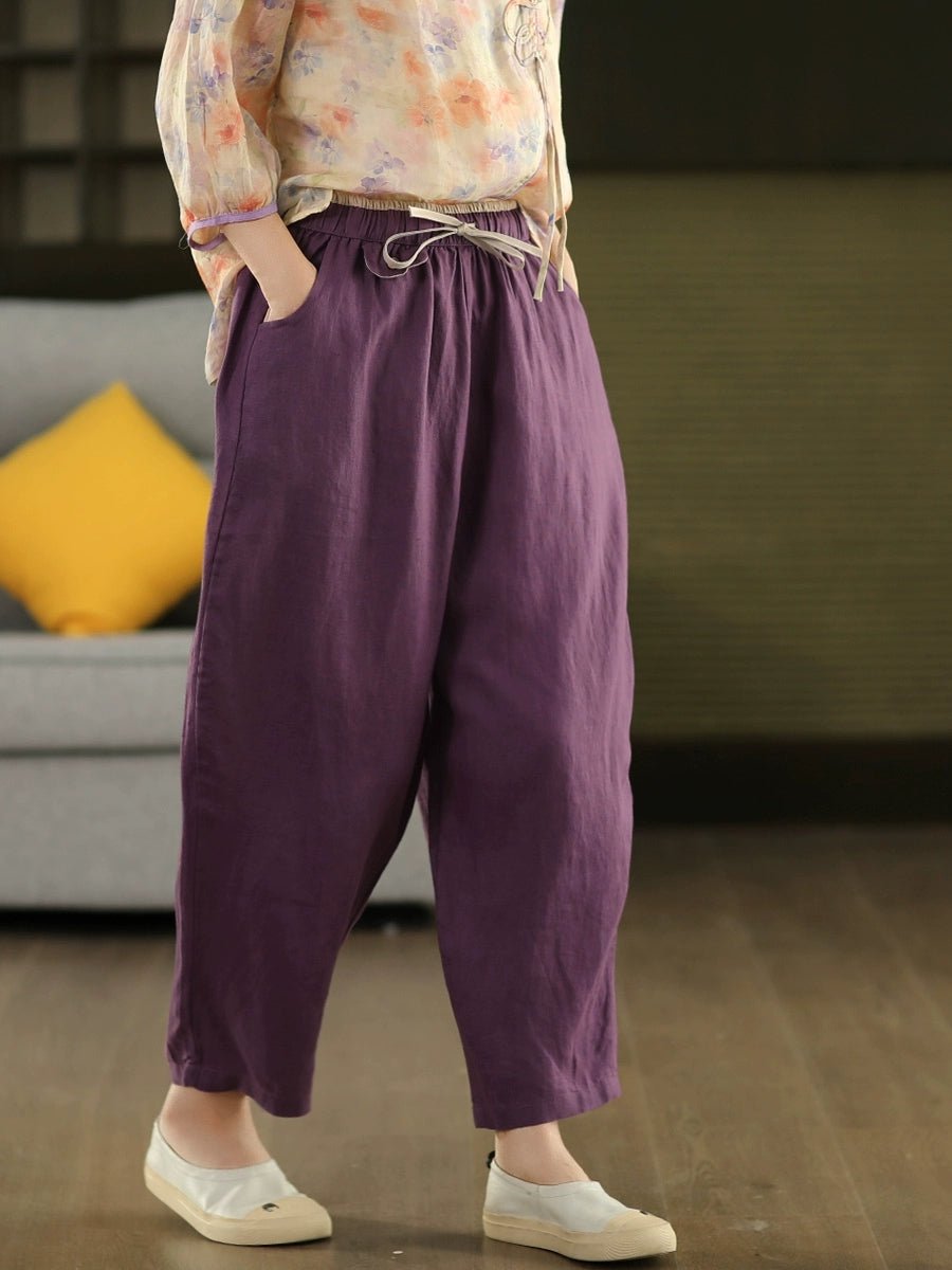 Women Summer Retro Pure Color 100%Linen Harem Shorts