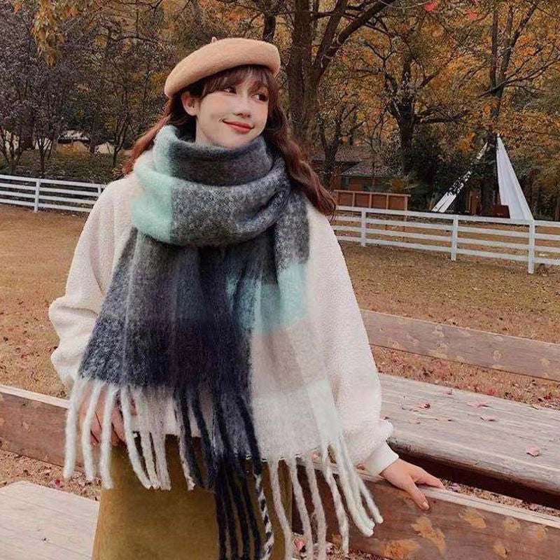 Rainbow Plaid Scarf Women's Autumn And Winter Thickened Mohair Student Couple Contrast Color Matching Thickened