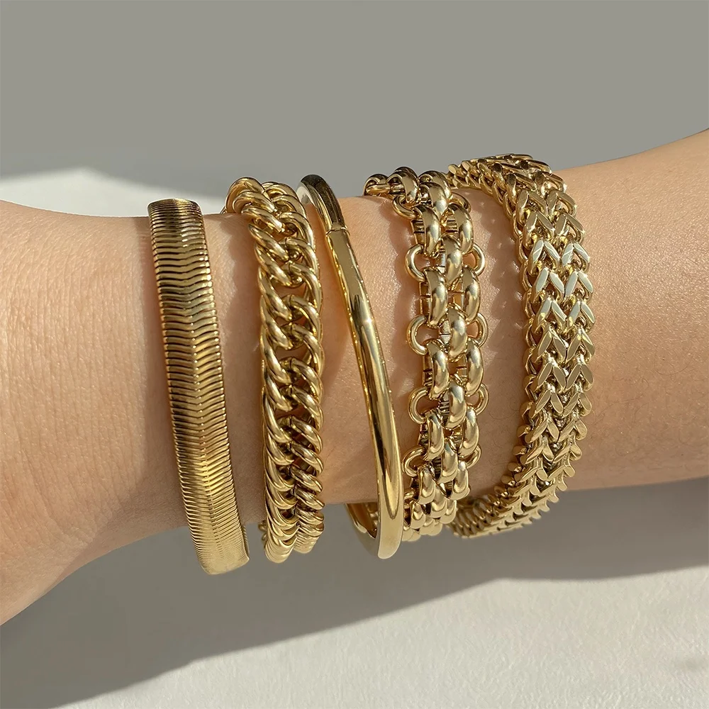 Punk Wide Mesh Wide Thick Belt Bracelet 16K Gold Plated Stainless Steel Cuban Snake Link Chain Bangle Bracelets