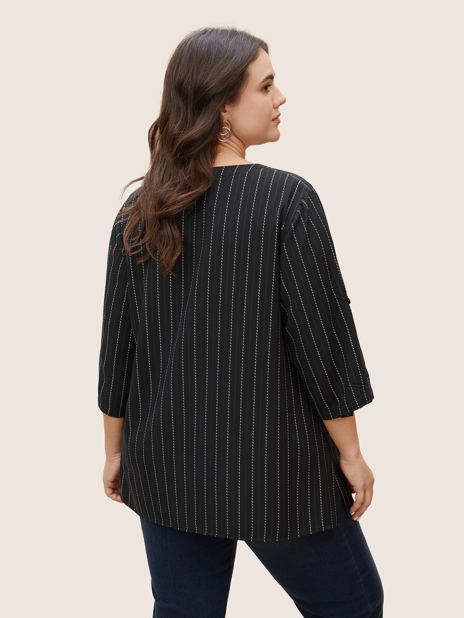 Striped Half Zip Tab Sleeve Blouse