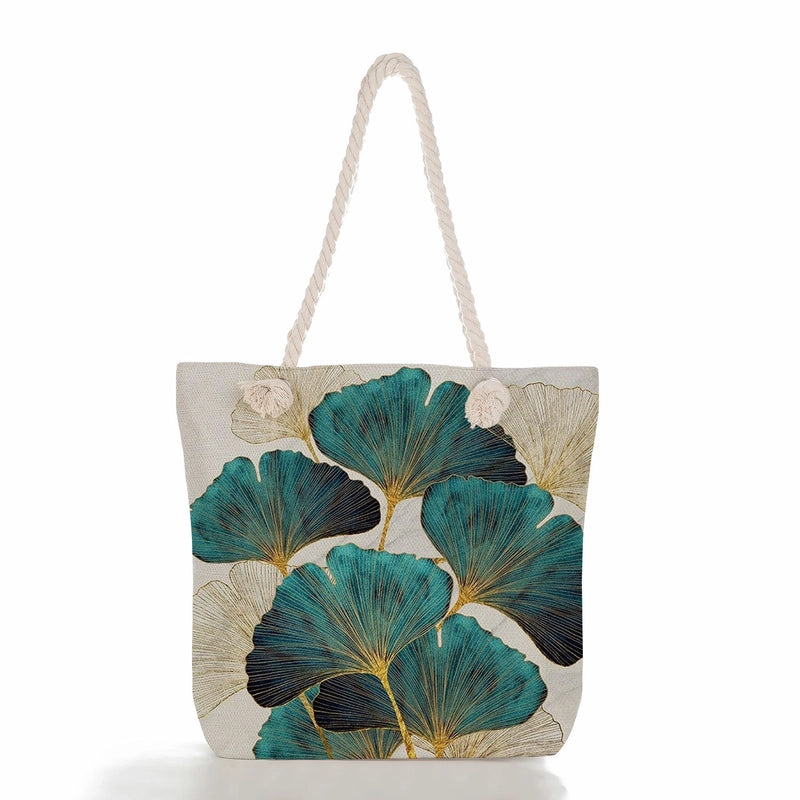 Green Leaf Printed Cotton Rope Bag Large Capacity Shoulder Bag Student Book Tote Bag Printable Logo