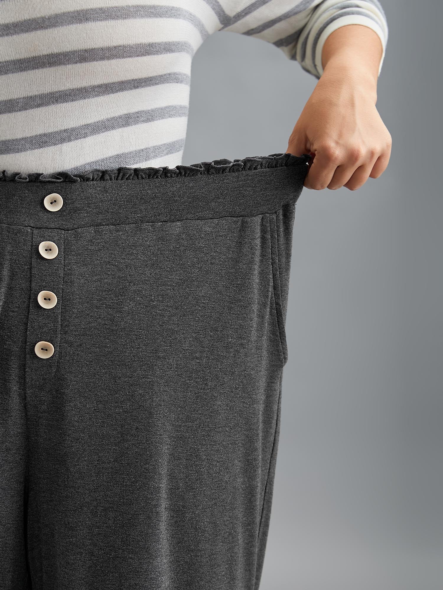 Button-Front Ruffled Waist Stretchy Pants