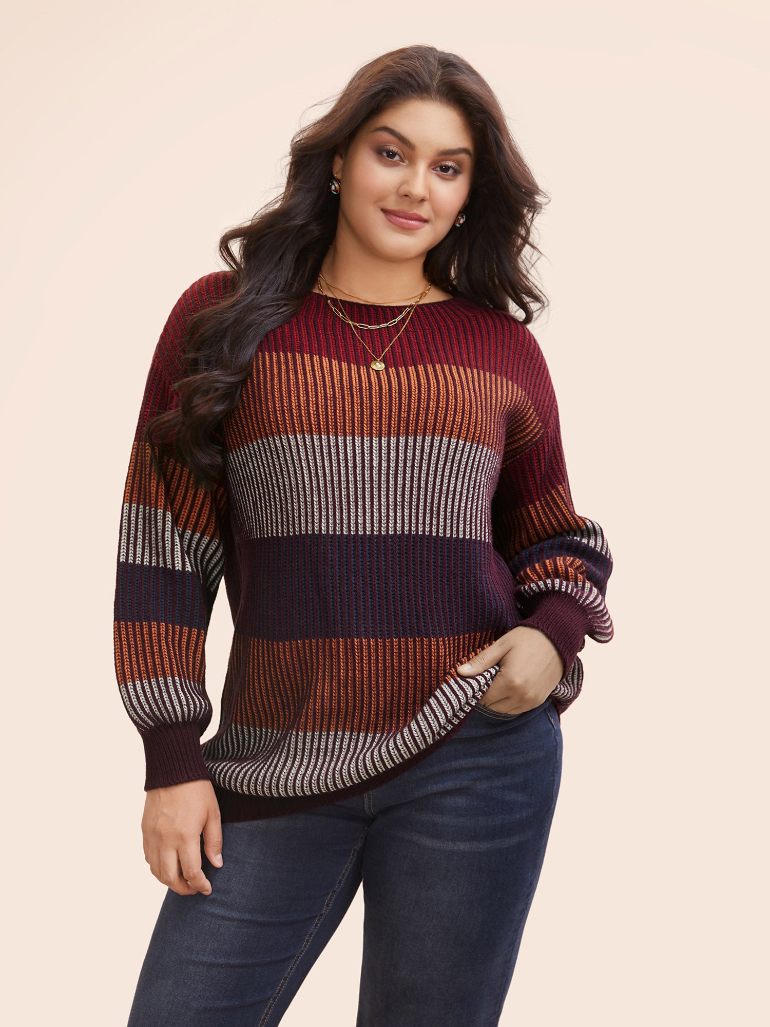 Textured Striped Contrast Patchwork Pullover