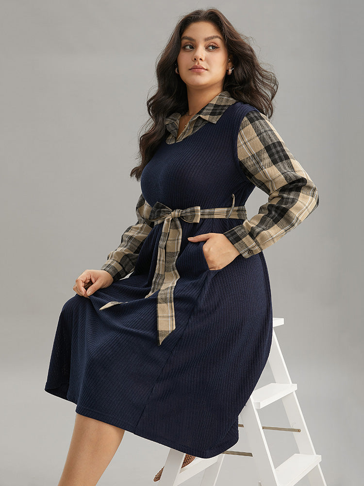 Plaid Patchwork Rib Knit Shirt Collar Belted Dress