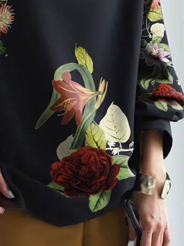 Long Sleeves Loose Asymmetric Floral Printed Split-Joint High Neck T-Shirts Tops