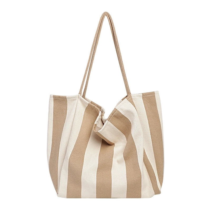 Women's Large Canvas Stripe Basic Classic Style Open Canvas Bag