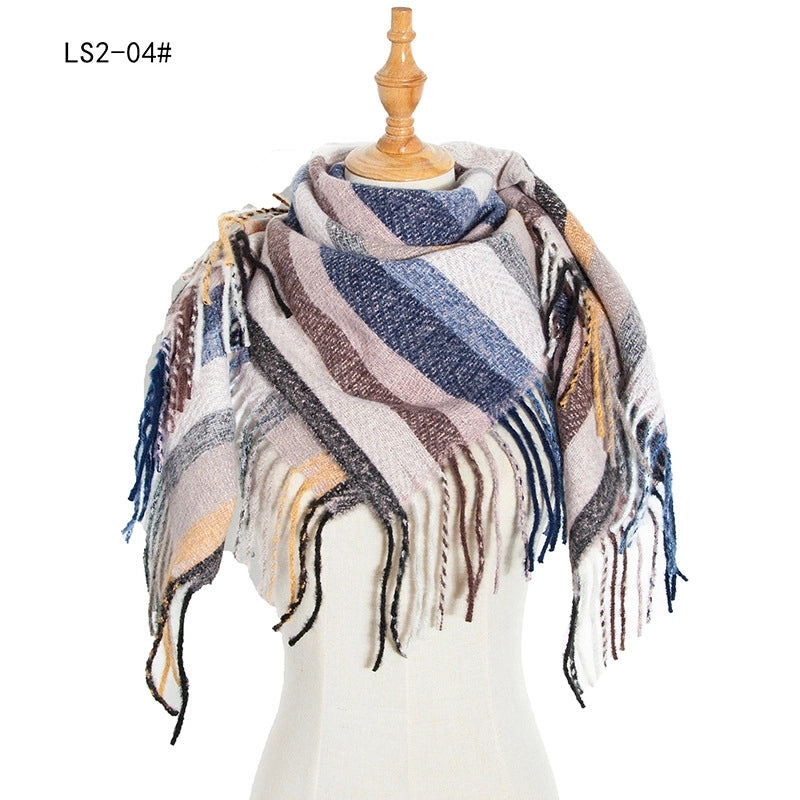 New Circle Yarn Stripe Plaid Polyester Long Tassel Bristle Square Scarf Female Men's Scarf Shawl