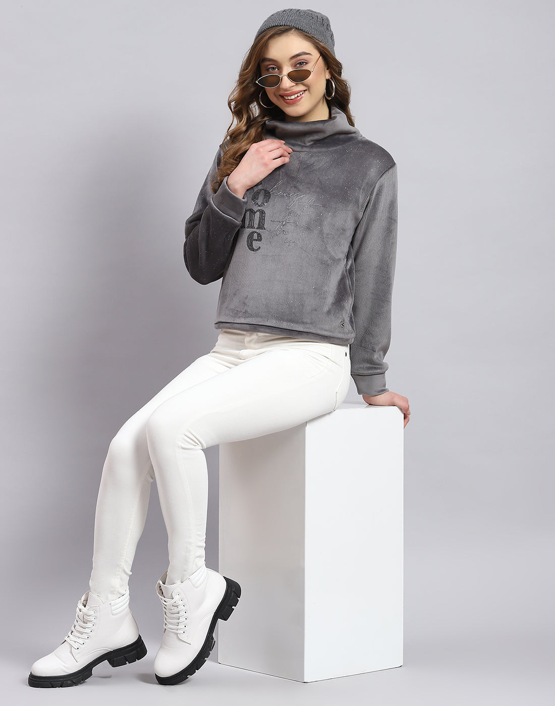 Women Grey Embroidered H Neck Full Sleeve Sweatshirt