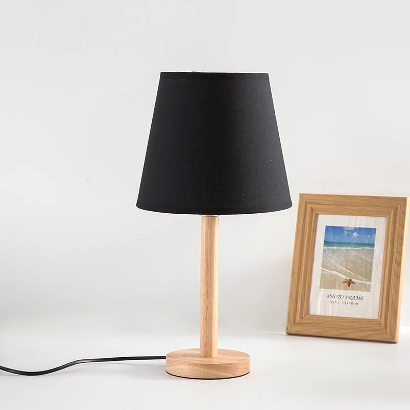 Minimalist Table Lamp with Wooden Base and Black Shade