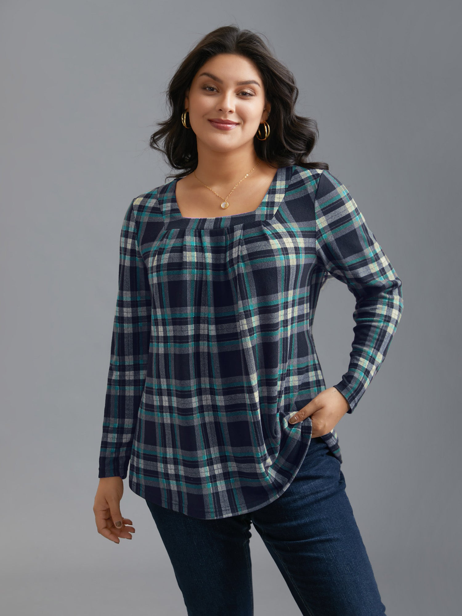 Plaid Pleated Square Neckline Knit Top