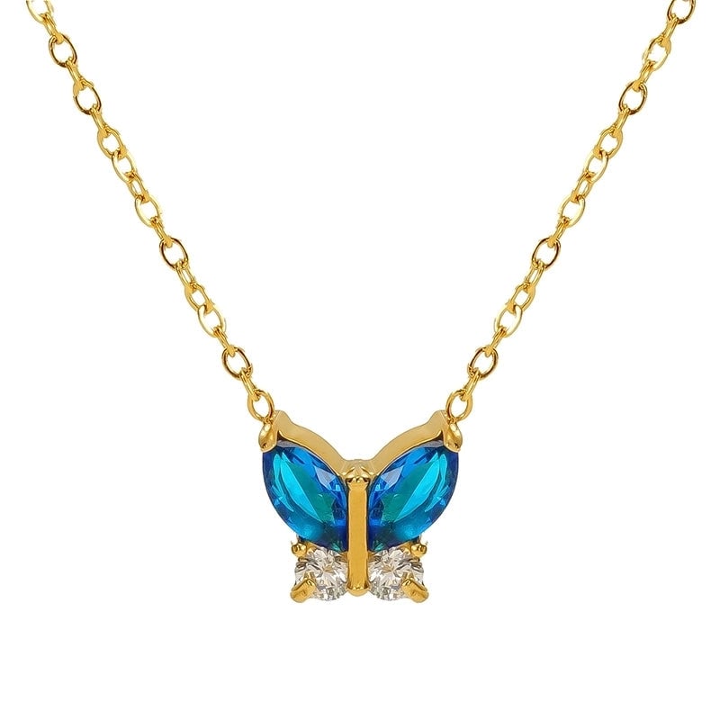 Princess Cute Heart Shape Butterfly 304 Stainless Steel Zircon 18K Gold Plated Inlay Pendant Necklace