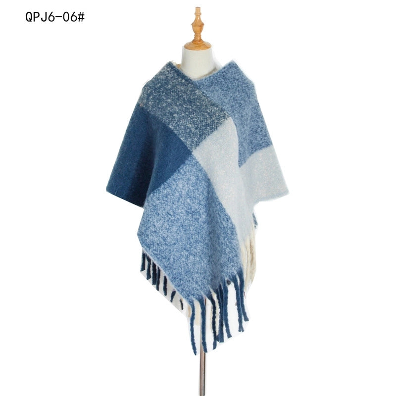 Hot Style New Autumn And Winter Women's Shawl Thick Tassel Loop Yarn Large Plaid Cloak