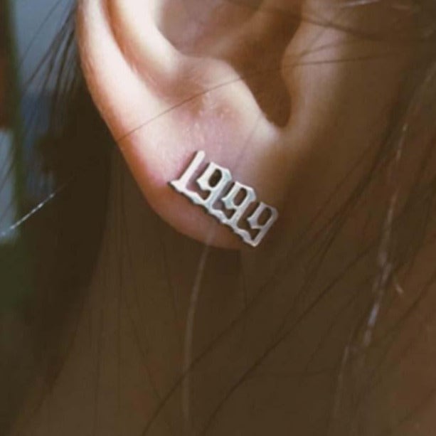 Silver Old English Year Earrings