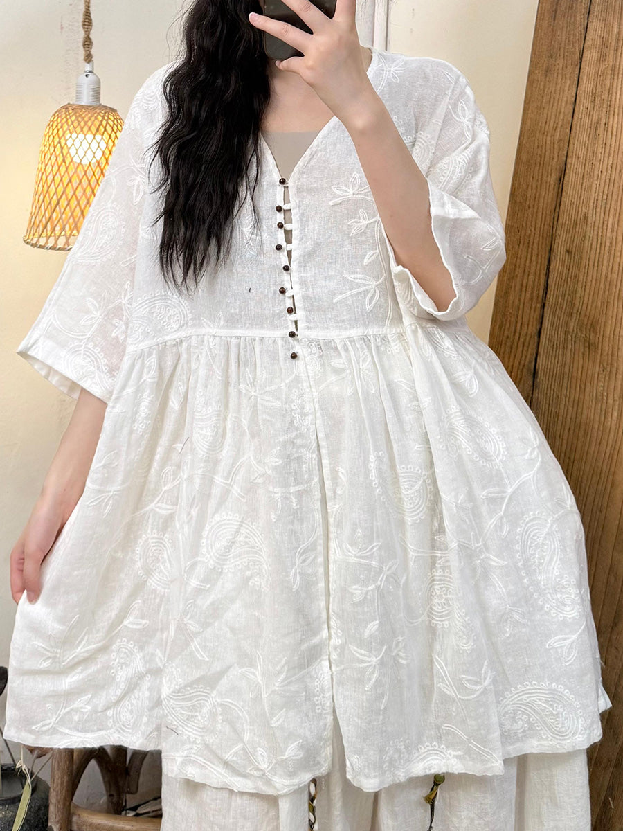 Women Summer Artsy Embroidery Flower Ramie V-Neck Shirt