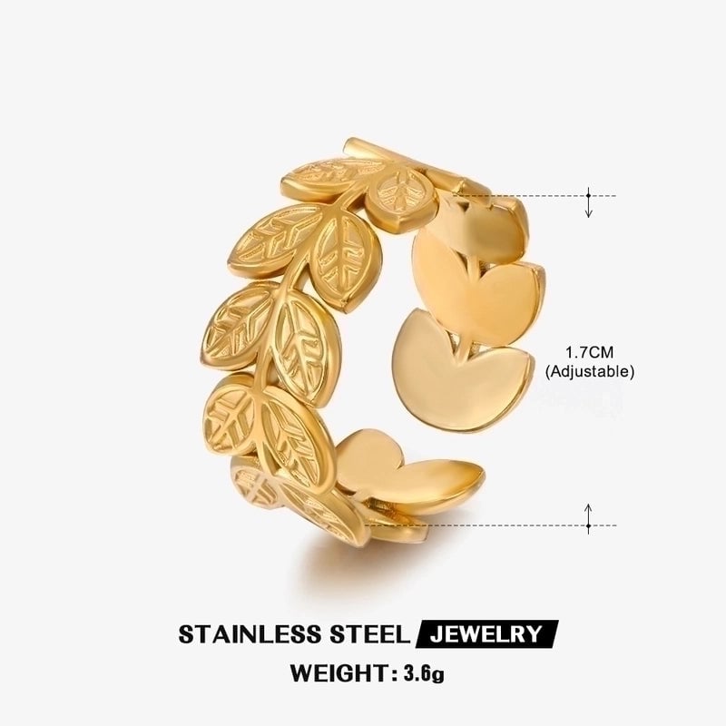 304 Stainless Steel 18K Gold Plated Minimalist Plating Leaf Open Ring