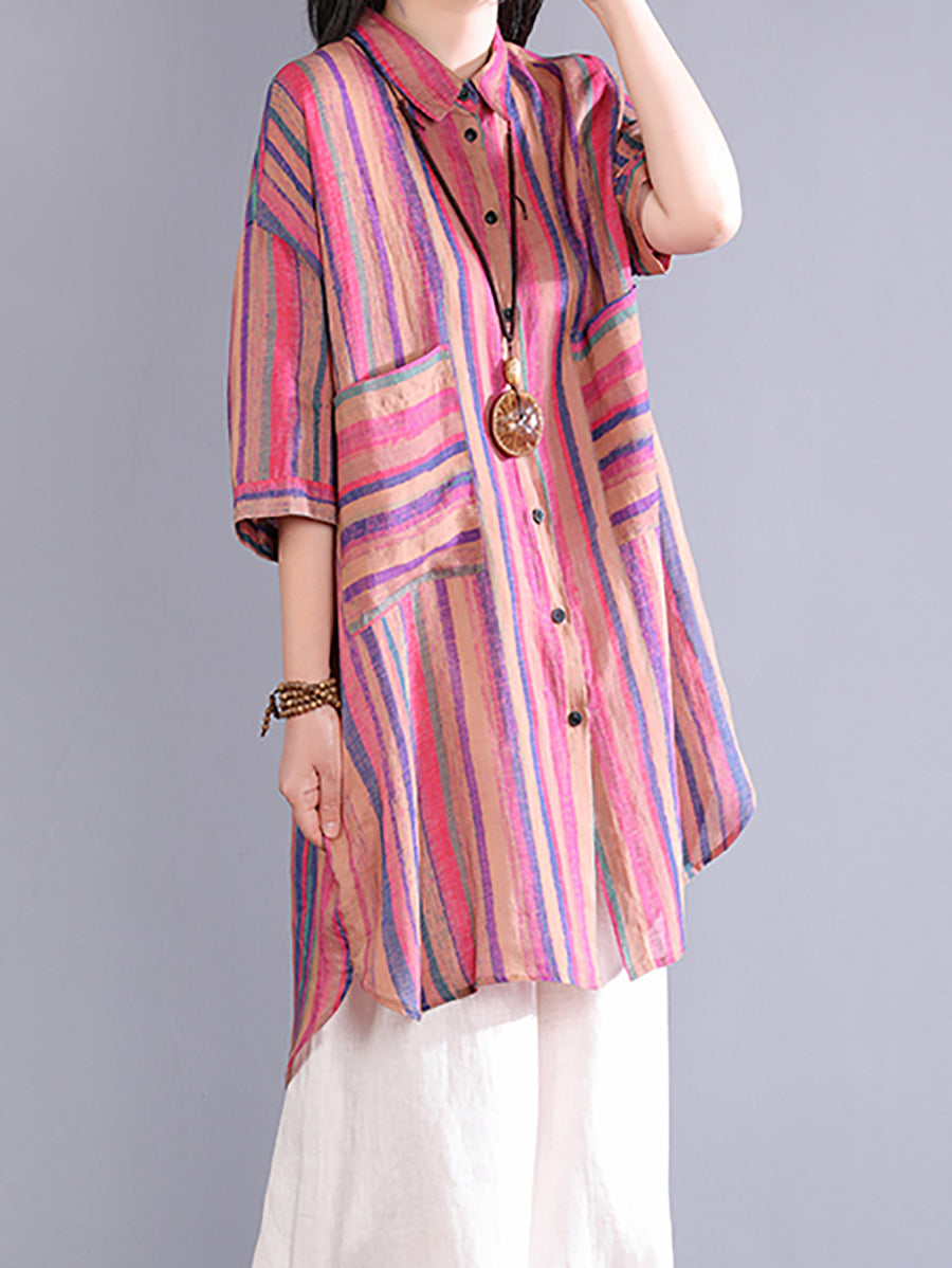 Women Summer Artsy Stripe Turn-down Collar 100%Ramie Shirt