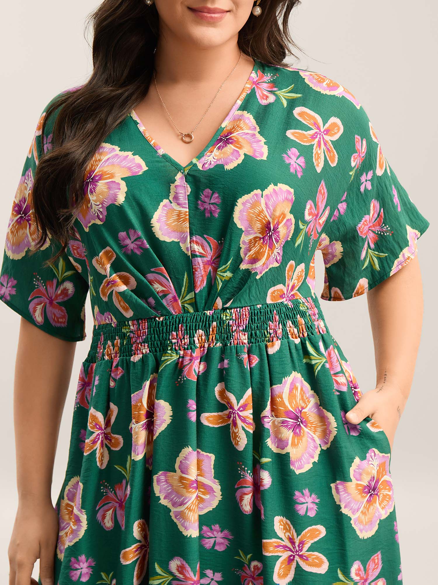 Large Floral Print Shirred Waist Midi Dress