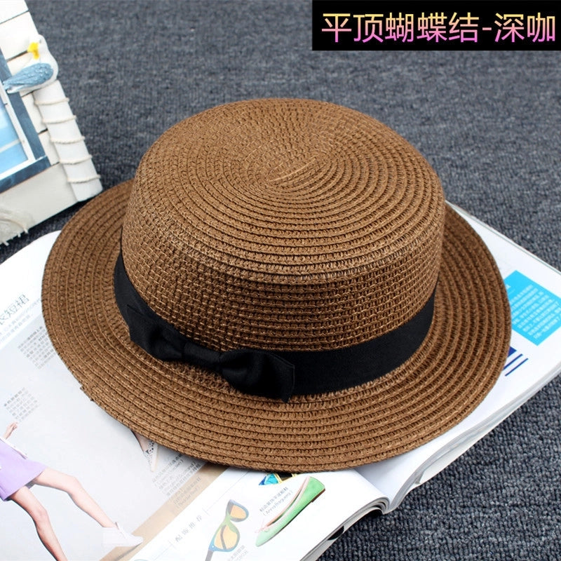Straw Hat Sun Hat Trendy Women Summer Bow Straw Flat Top Hat