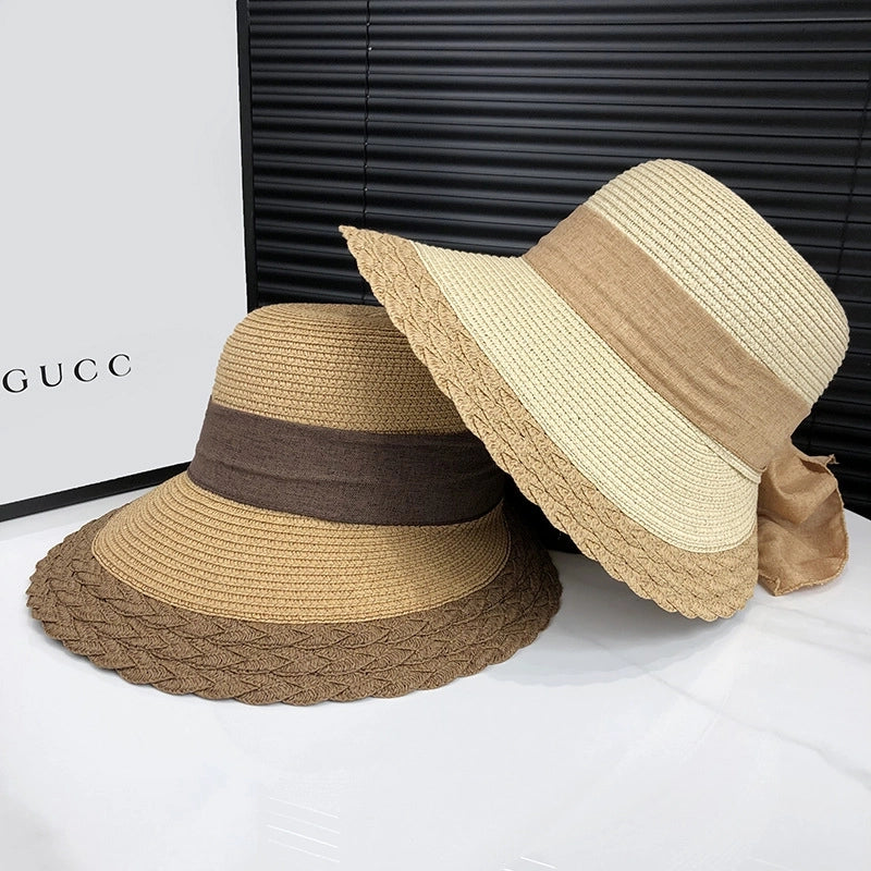 Women's Minimalist Classic Style Color Block Bowknot Flat Eaves Straw Hat