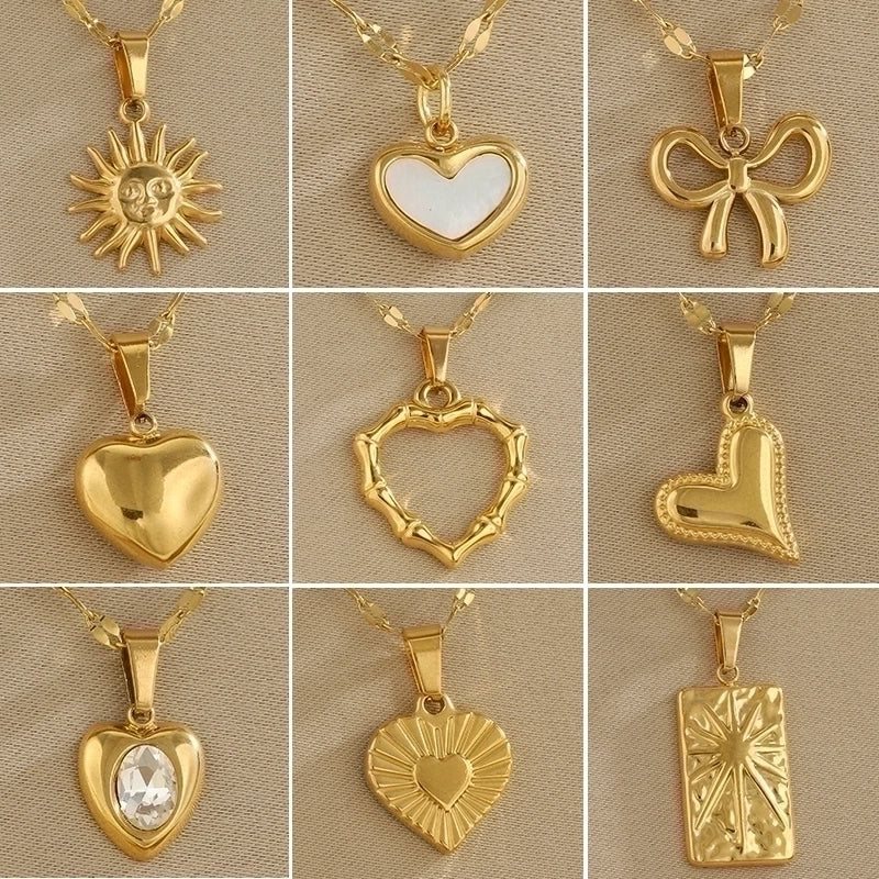 Minimalist Classic Style Sun Heart Shape Bow Knot 201 Stainless Steel 304 Stainless Steel Rhinestones Shell Zircon 18K Gold Plated Inlay Pendant Necklace