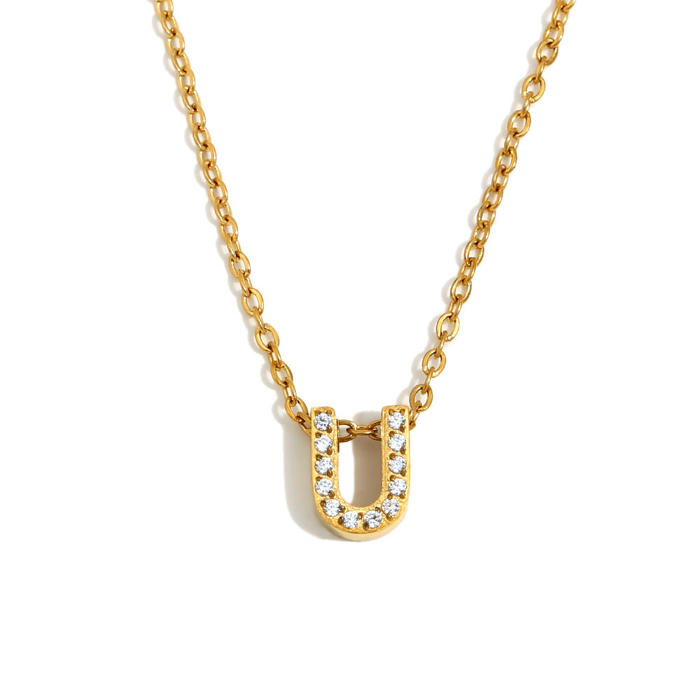 Fashionable And Simple 26 English Letter Pendant Stainless Steel Plated 18K Gold Diamond Small Letter Necklace For Women