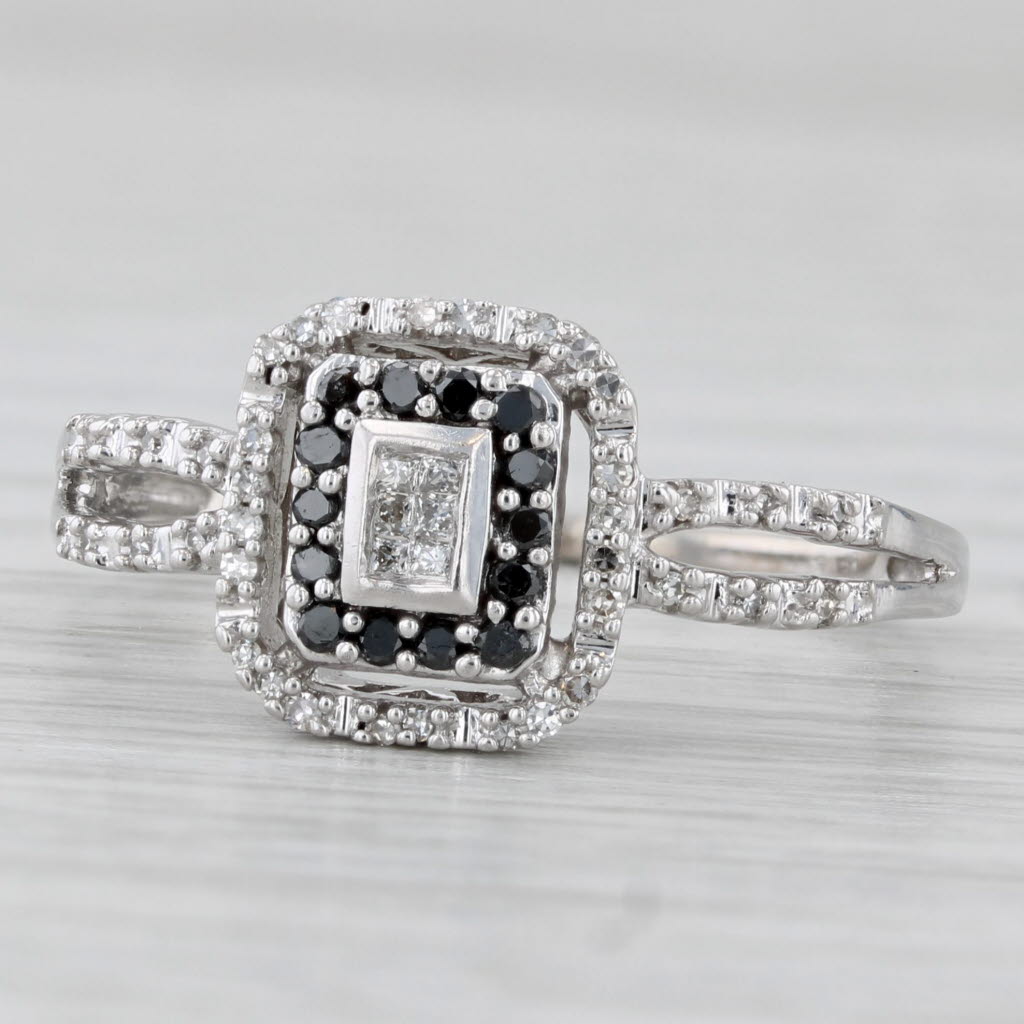 0.23ctw Black White Diamond Halo Engagement Ring 10k White Gold Size 8.75
