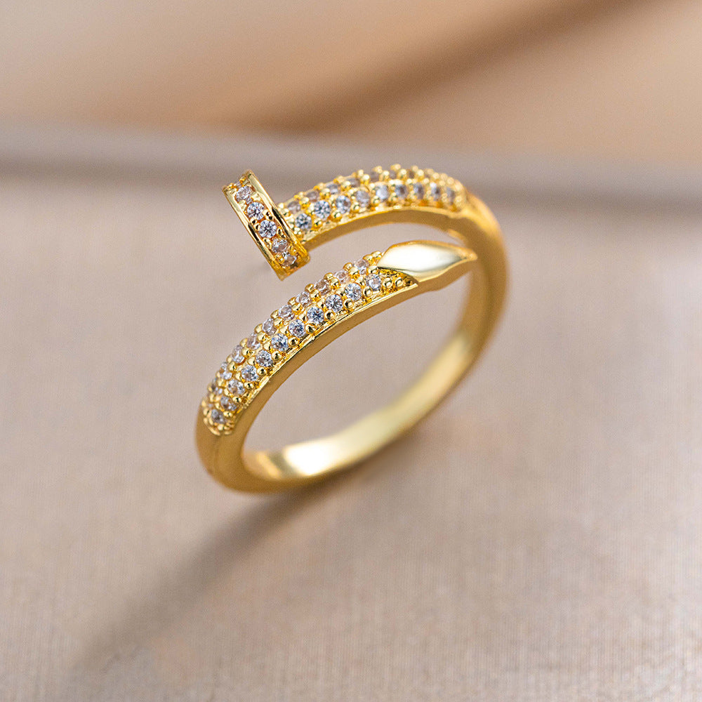 Fashion 18K Electroplated Nail-Shaped Movable Ring For Women Niche Open Adjustable Ring