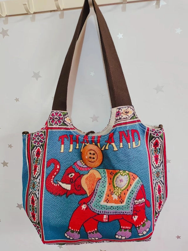 Women's Large Canvas Elephant Ethnic Style Square Zipper Shoulder Bag
