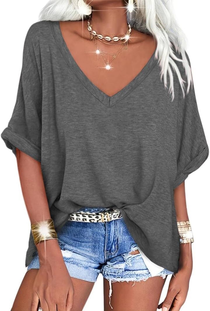 🔥PROMOTION LAST DAY🔥Women's Summer Tops Oversized Tshirts Half Sleeve Loose Fit V Neck Casual Blouse Tee