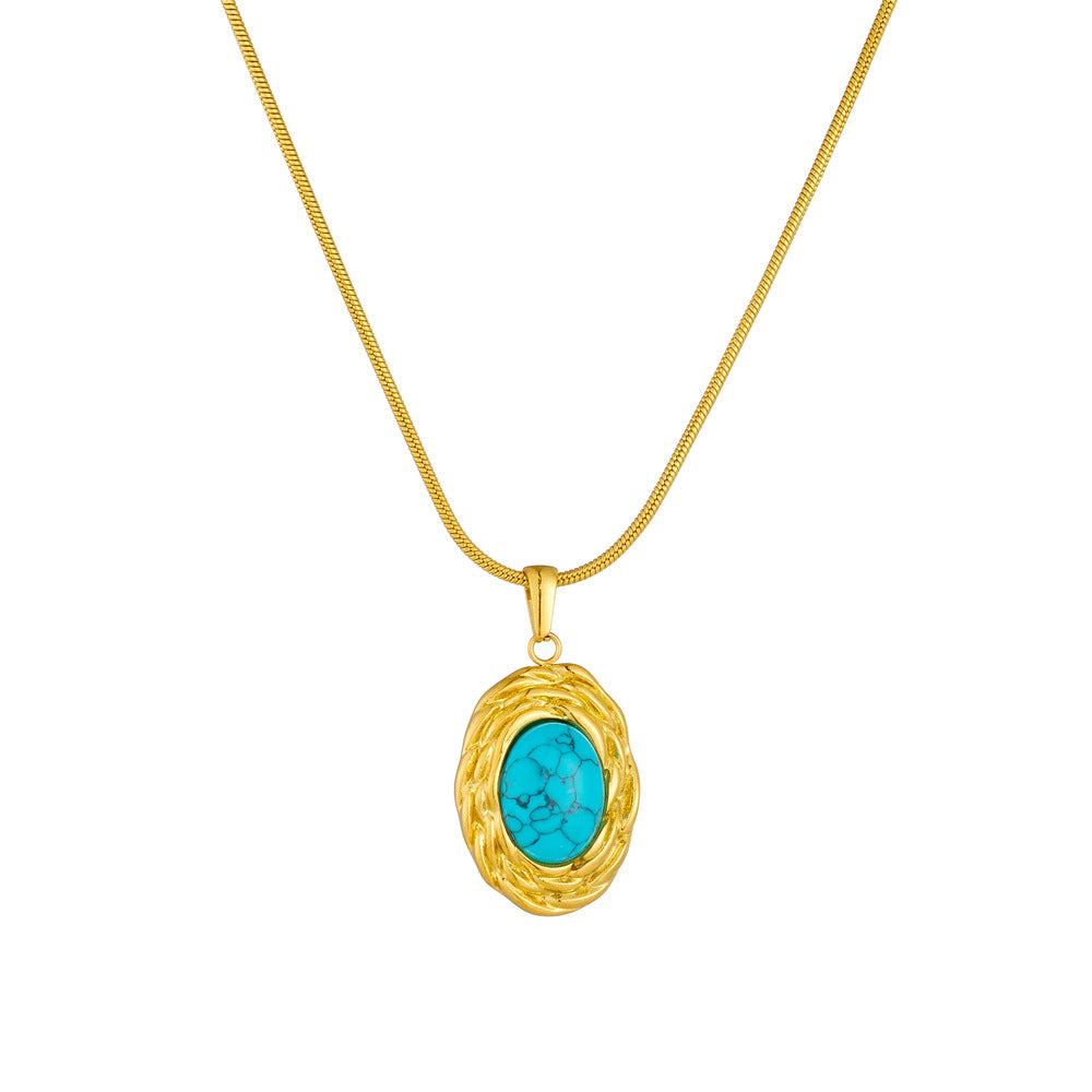Vintage Oval Blue Turquoise Geometric Pendant Snake Bone Chain Stainless Steel Gold-Plated Necklace