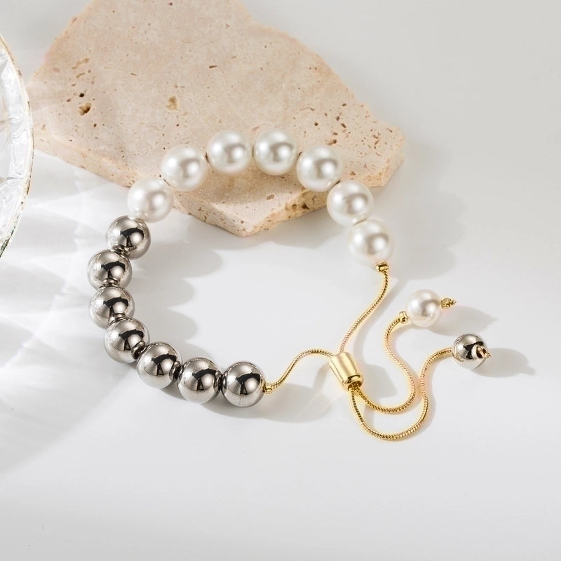 Classic Style Round Imitation Pearl Copper Beaded Patchwork Plating 18k Gold Plated Bracelets