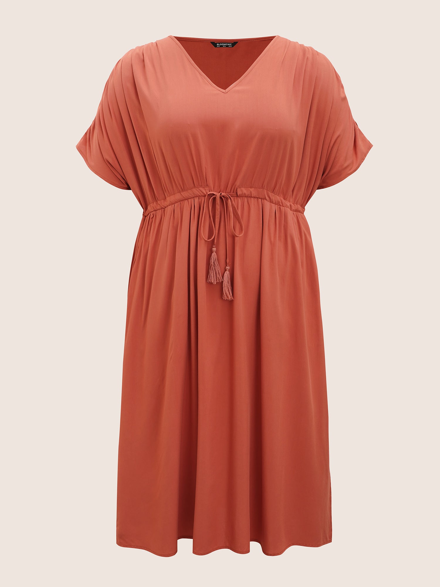 Solid Drawstring Gathered Dolman Sleeve Dress