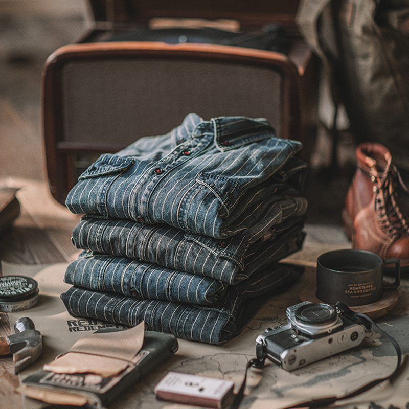 Retro Heavy Vertical Striped Denim Casual Shirt
