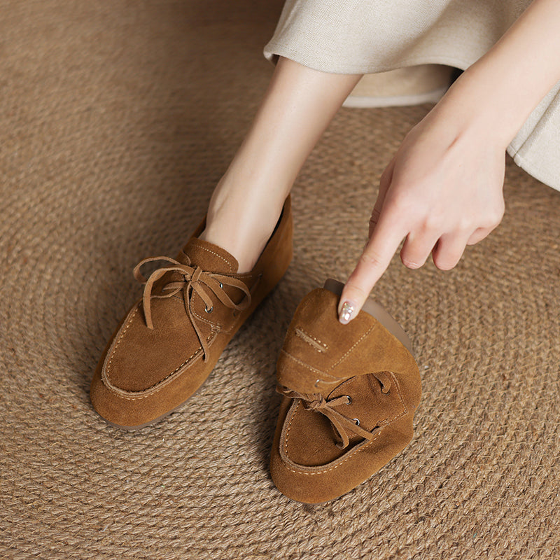 Vintage Leather Lace-Up Loafers Round Toe Flat Oxford Shoes in Light Brown/Deep Brown/Caramel/Apricot
