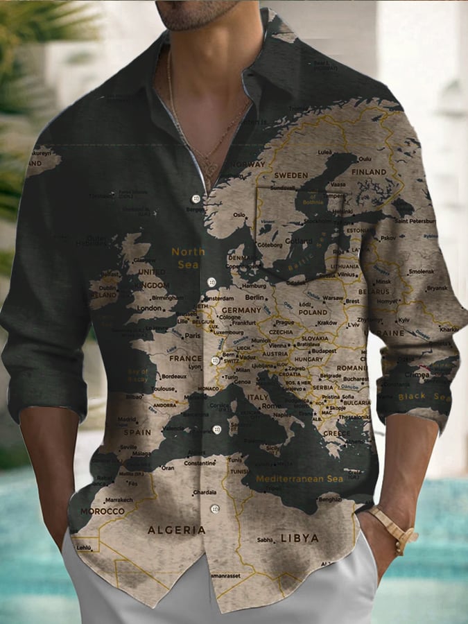 Men's World Map Print Pocket Long Sleeve Shirt