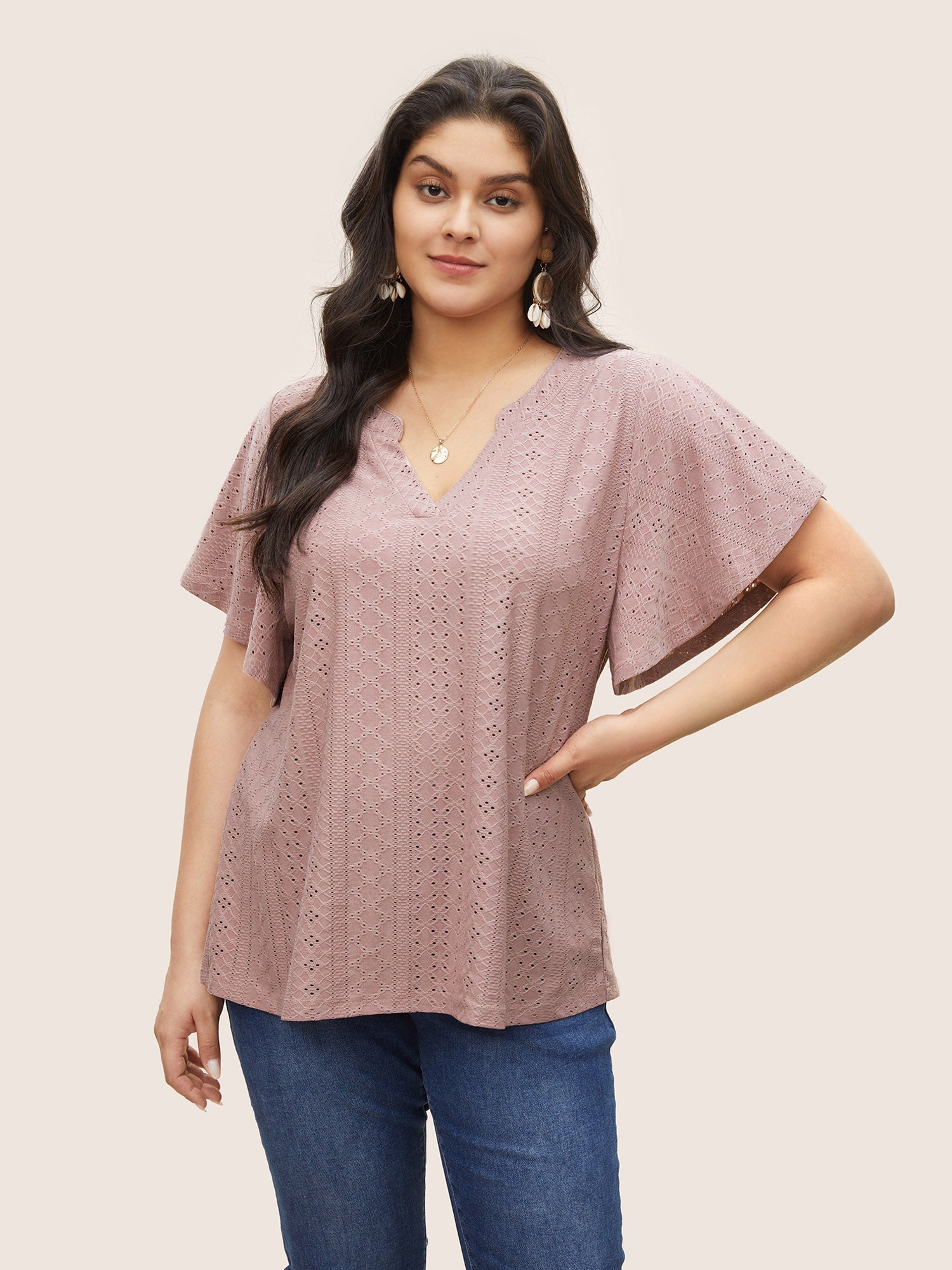 Plisse Flat Collar With V Notch Ruffle Sleeve T-shirt