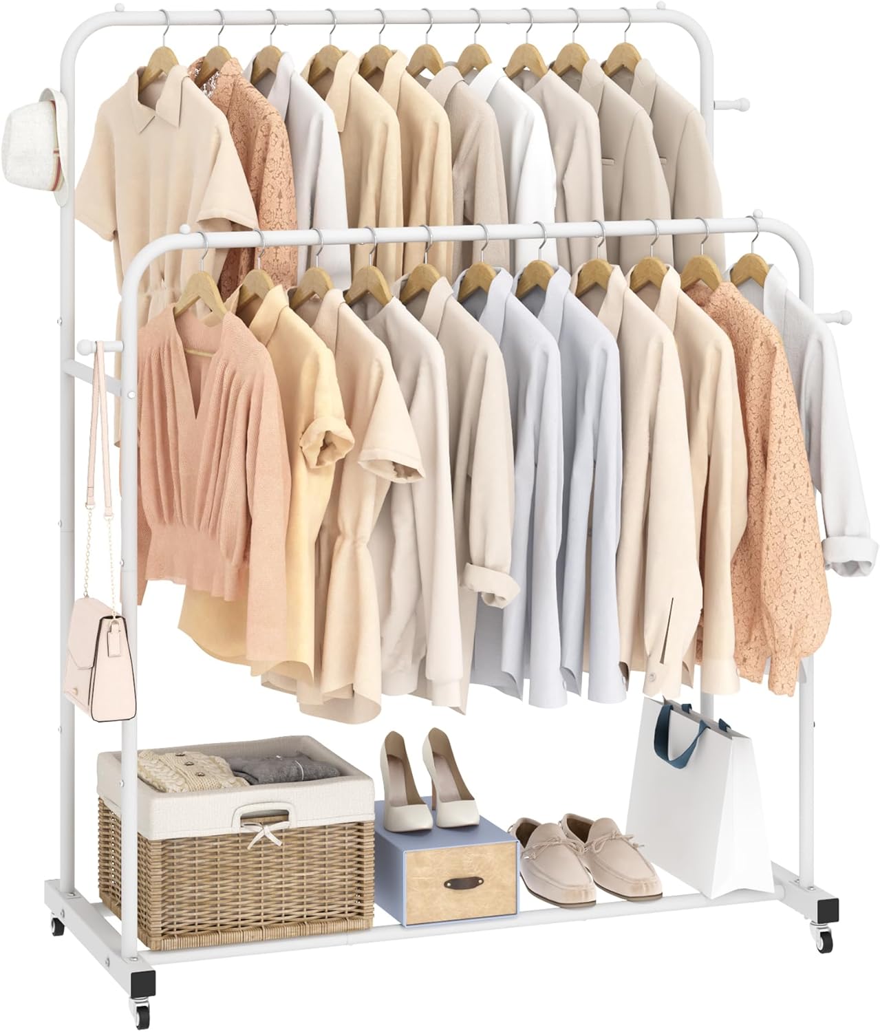 Laiensia Double Rods Garment Rack with Wheels, Clothing Rack for Hanging Clothes,4 Hooks, Multi-functional Bedroom Clothes Rack, Black
