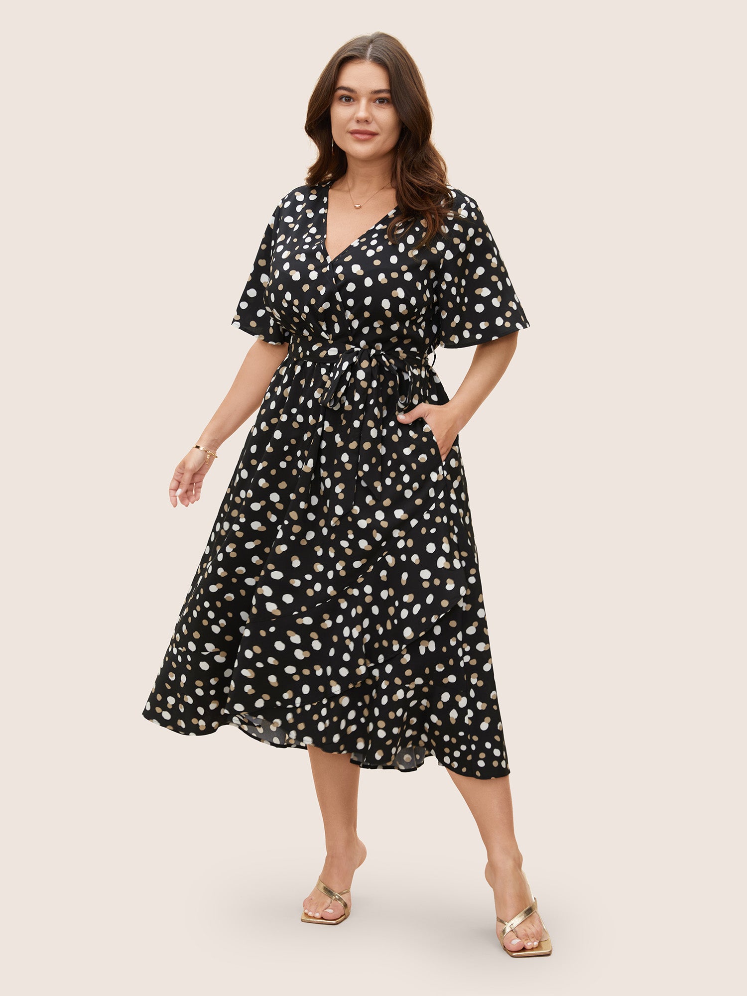 Allover Print Wrap Flutter Sleeve Midi Dress